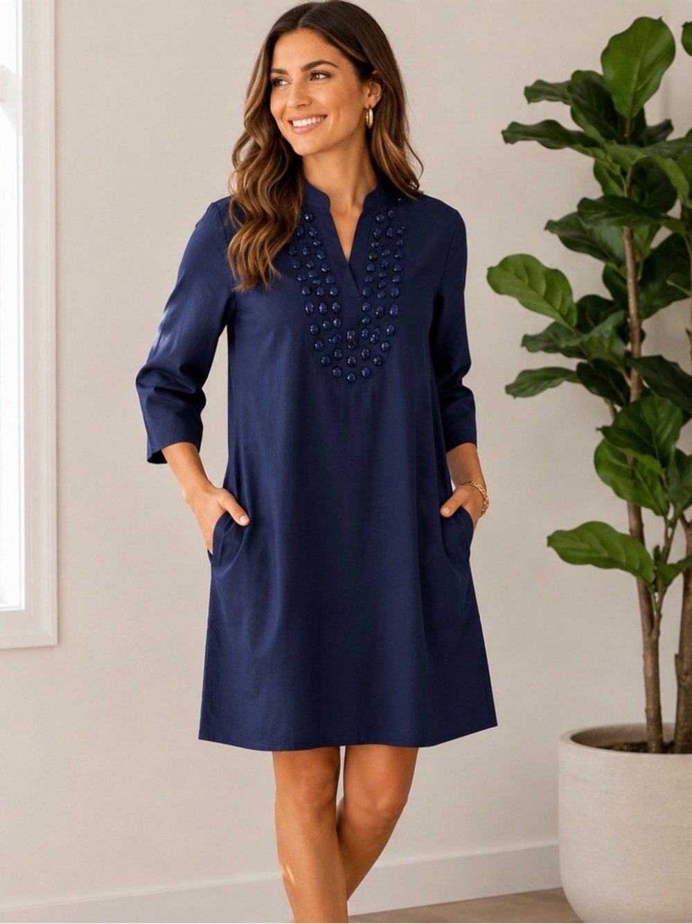 ✨ NWT Caryn Lawn Navy Embellished Tunic Dress | One Size ✨